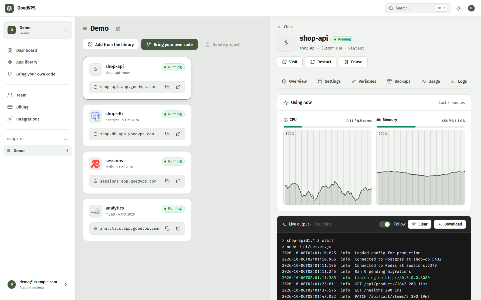 An app's logs next to its CPU and memory use